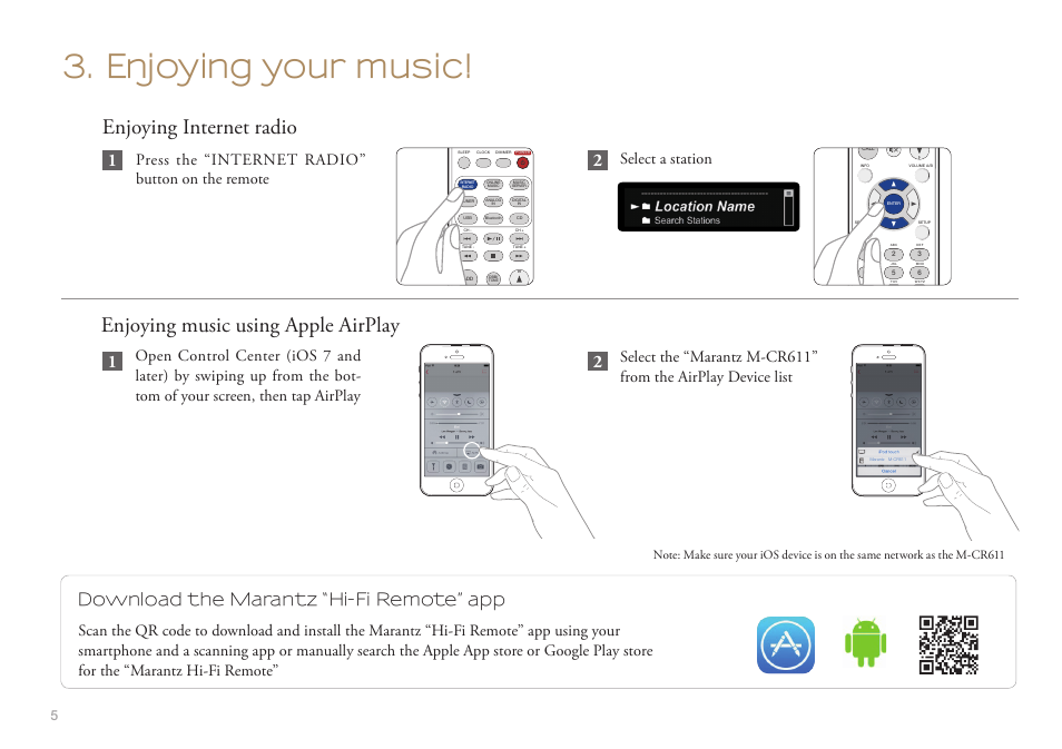 Enjoying your music, Enjoying music using apple airplay, Enjoying internet radio | Download the marantz “hi-fi remote” app | Marantz M-CR611 Quick Start User Manual | Page 6 / 8