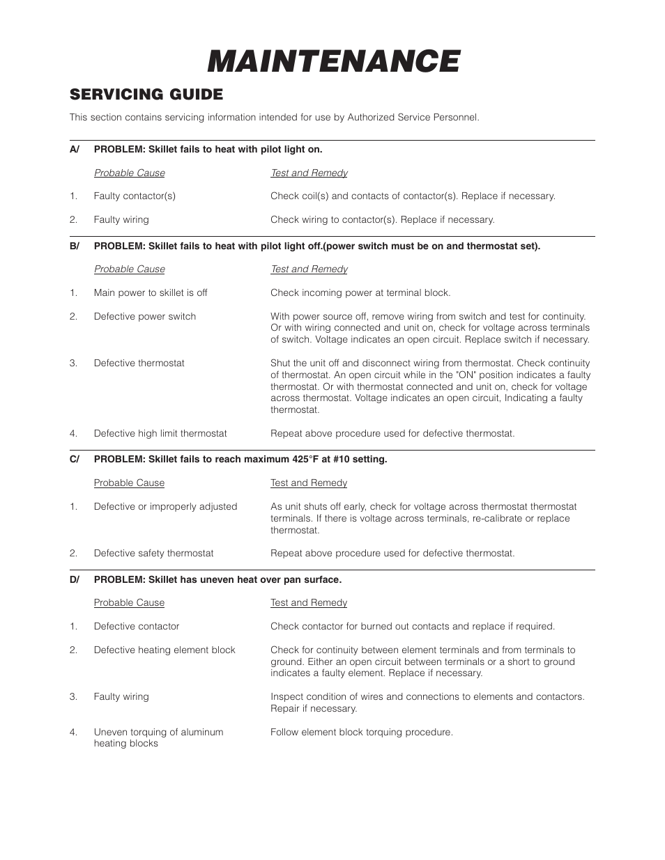 Maintenance, Servicing guide | Cleveland Range SET-10 User Manual | Page 18 / 25