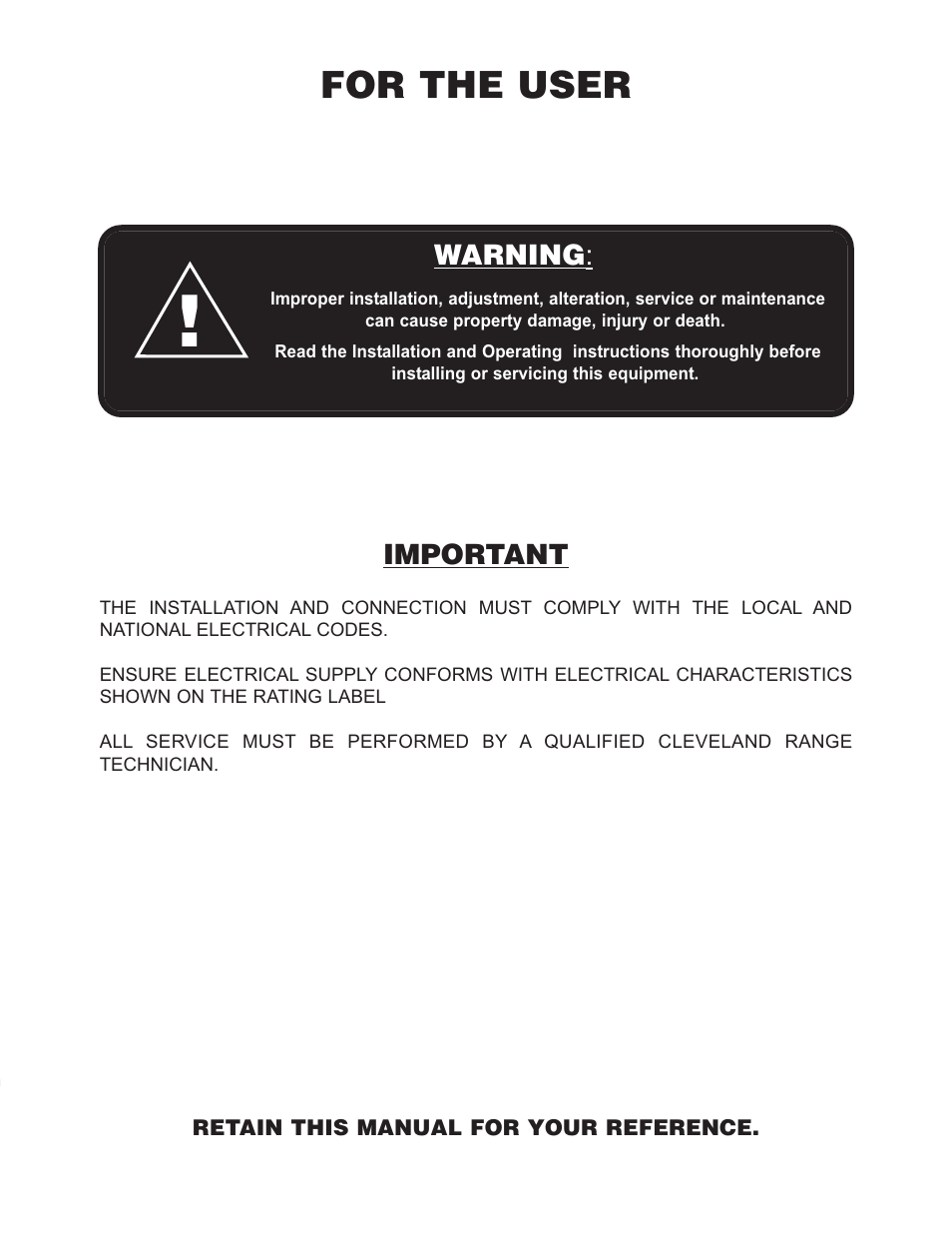 For the user, Important, Warning | Cleveland Range SET-10 User Manual | Page 2 / 25
