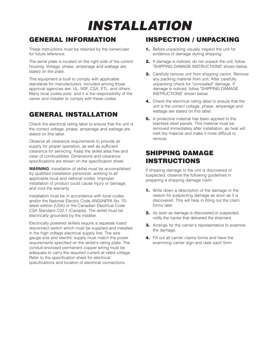 Installation, General information, General installation | Inspection / unpacking, Shipping damage instructions | Cleveland Range SET-10 User Manual | Page 3 / 25