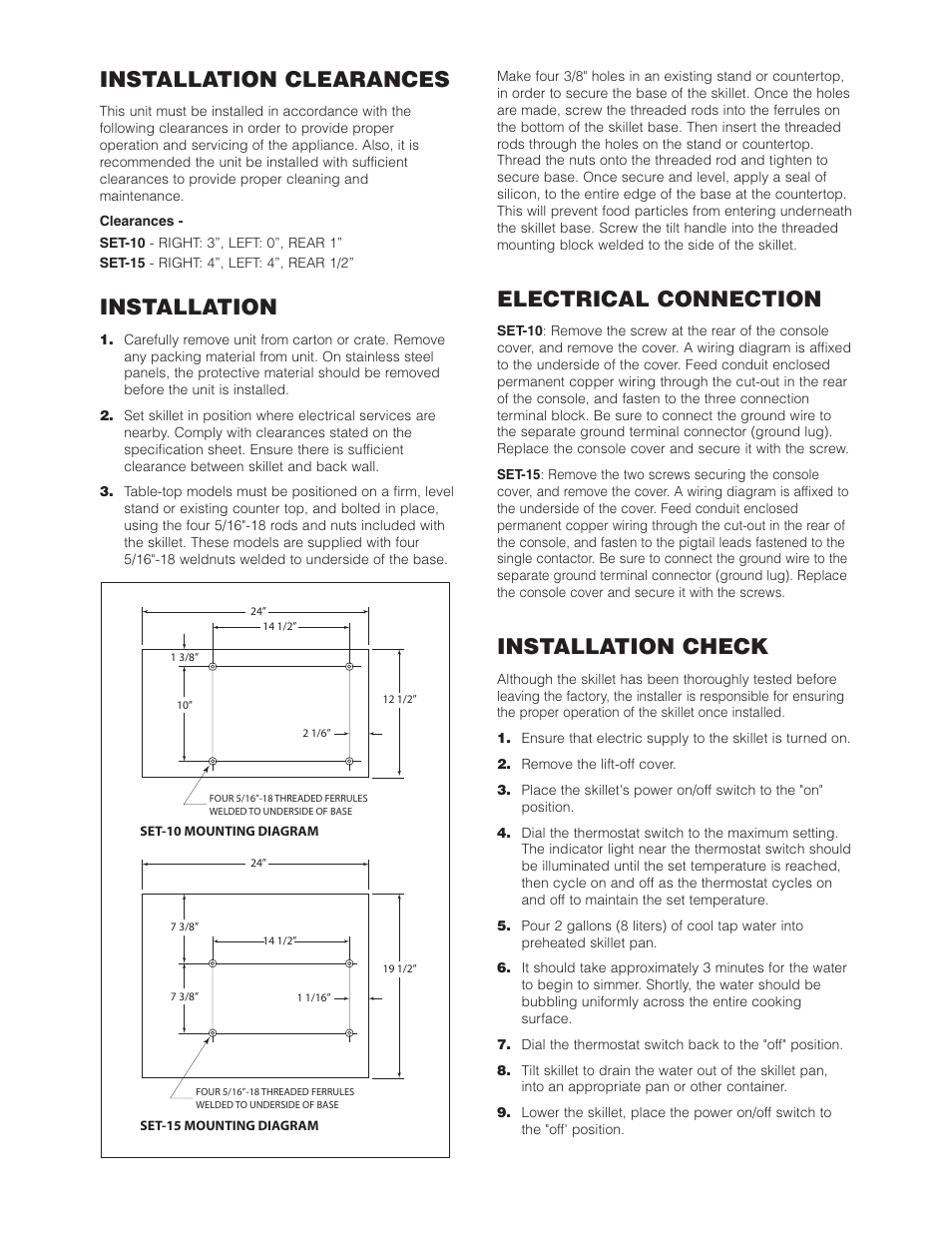 Installation clearances, Installation, Electrical connection | Installation check | Cleveland Range SET-10 User Manual | Page 4 / 25
