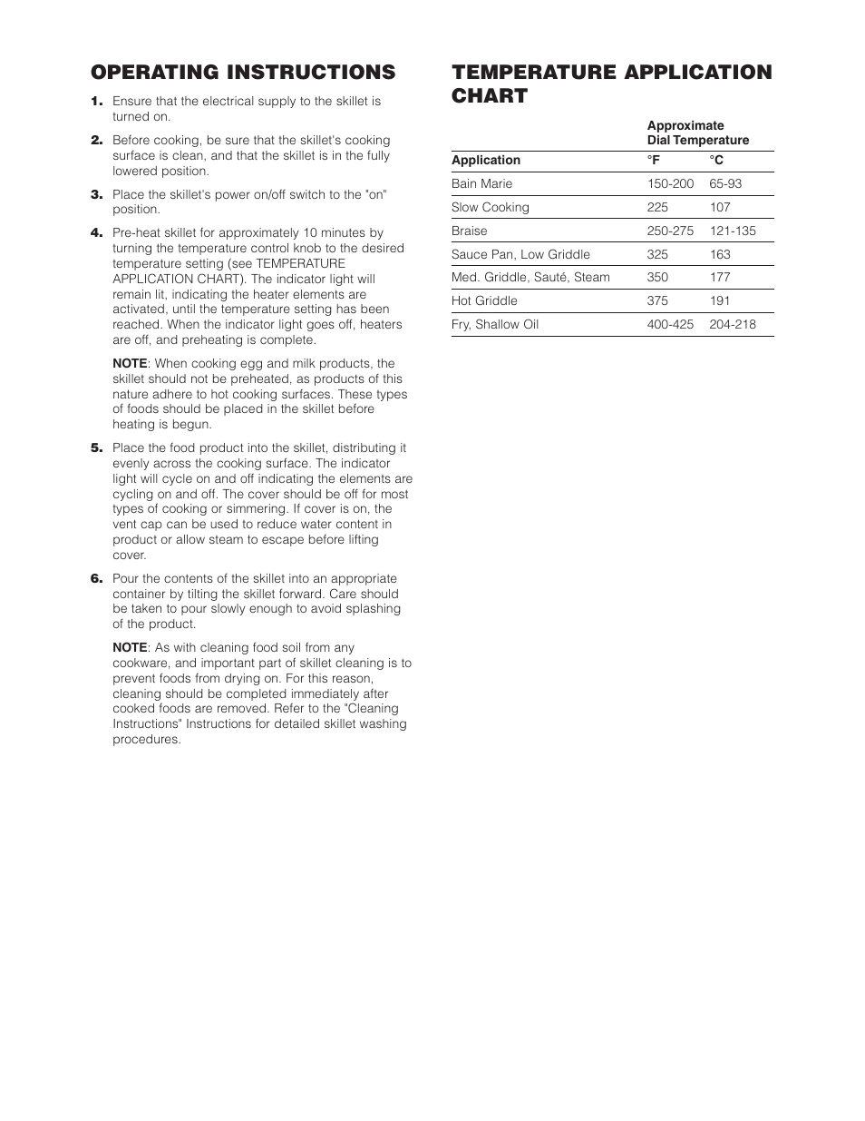 Operating instructions, Temperature application chart | Cleveland Range SET-10 User Manual | Page 5 / 25