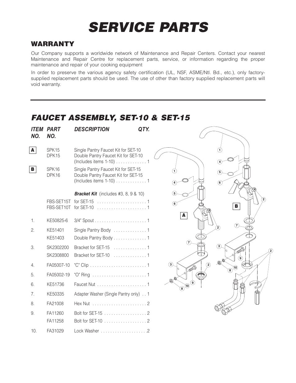Service parts, Faucet assembly, set-10 & set-15, Warranty | Item part description qty. no. no | Cleveland Range SET-10 User Manual | Page 8 / 25