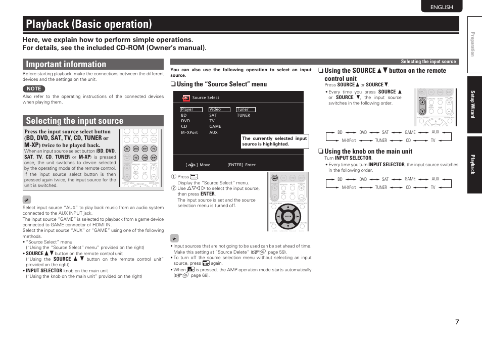 Playback (basic operation), Important information, Selecting the input source | Marantz NR1402 User Manual | Page 13 / 16