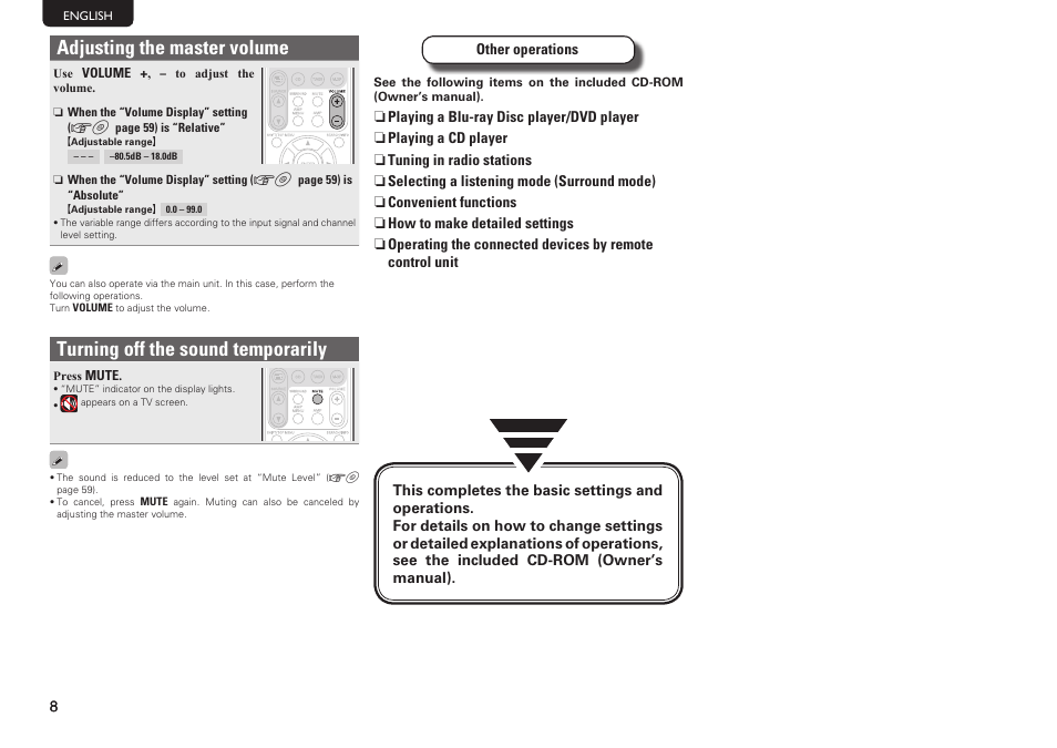 Adjusting the master volume, Turning off the sound temporarily | Marantz NR1402 User Manual | Page 14 / 16