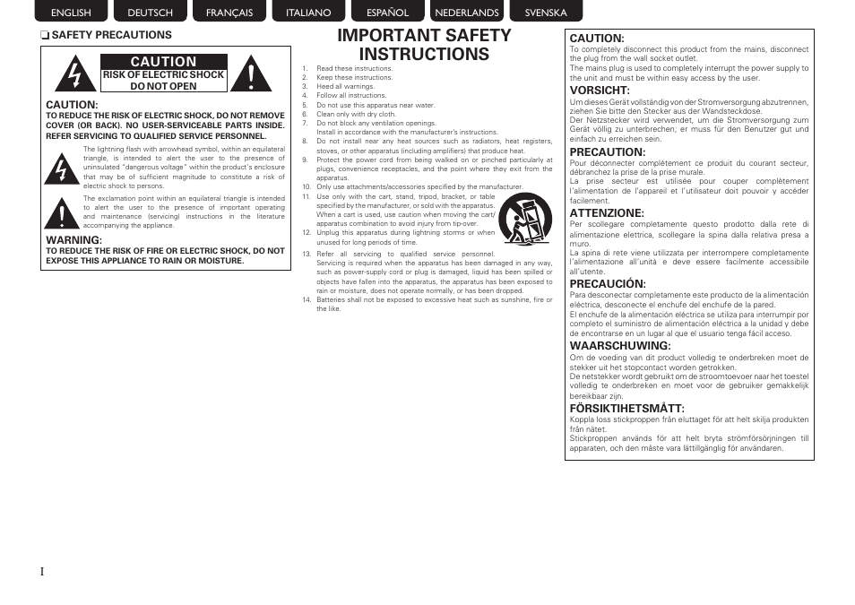 Important safety instructions, Caution | Marantz NR1402 User Manual | Page 2 / 16