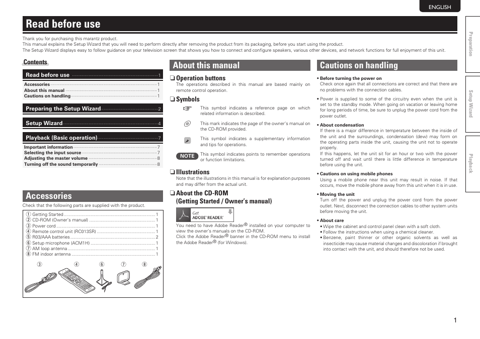 Read before use, About this manual, Cautions on handling | Accessories | Marantz NR1402 User Manual | Page 7 / 16