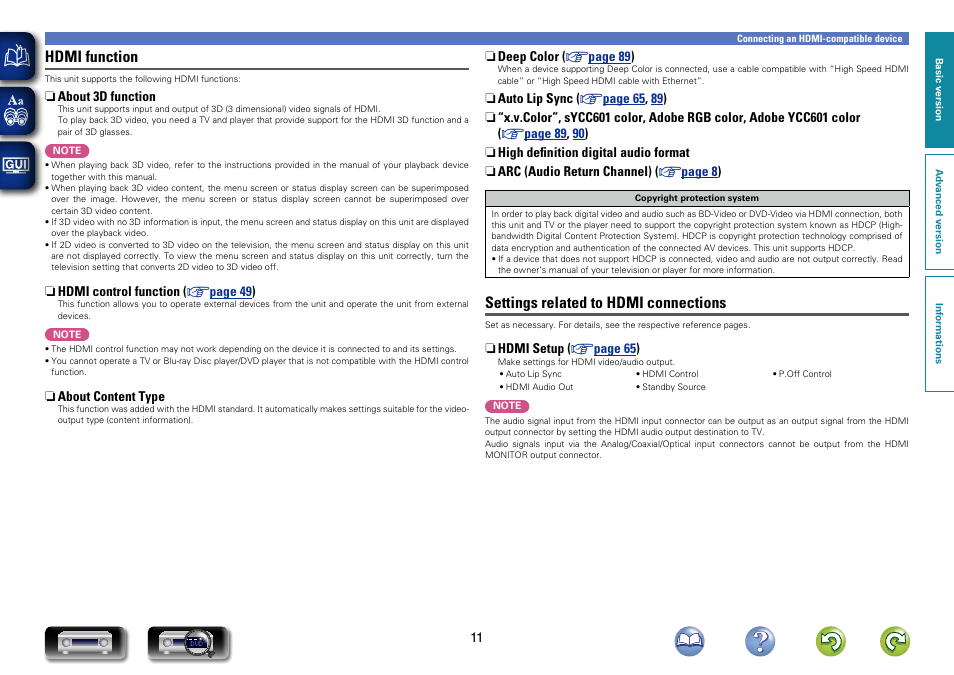 Hdmi function, Settings related to hdmi connections | Marantz NR1403U User Manual | Page 14 / 101