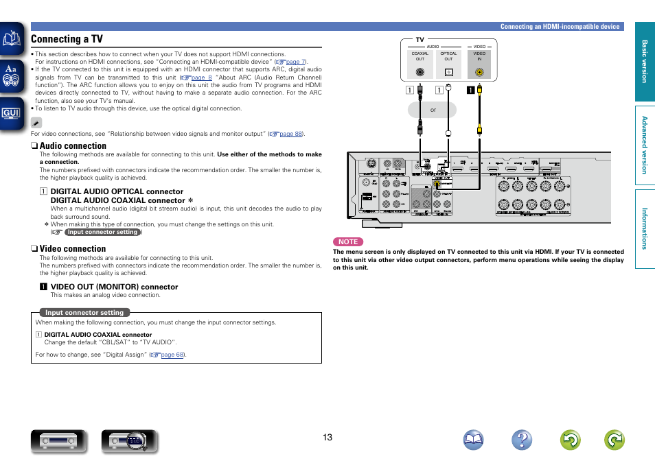 Connecting a tv, Connecting a tv”), Connections as described in “connecting a tv | N audio connection, N video connection | Marantz NR1403U User Manual | Page 16 / 101