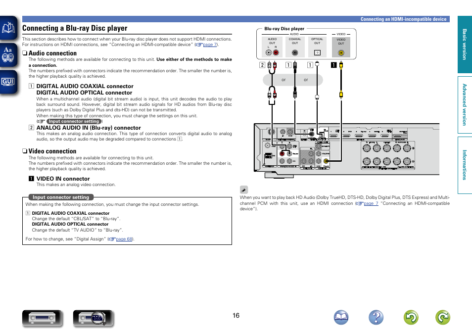 Connecting a blu-ray disc player, N audio connection, N video connection | Marantz NR1403U User Manual | Page 19 / 101