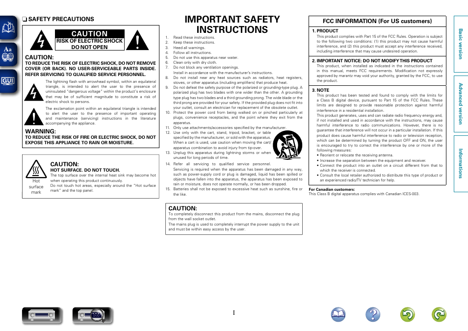Important safety instructions, Caution | Marantz NR1403U User Manual | Page 2 / 101