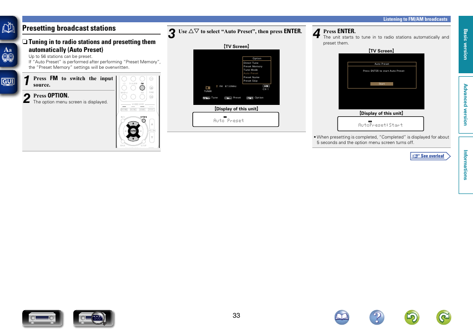 Tuning in to radio stations and presetting them, Automatically (auto preset), Presetting broadcast stations | Marantz NR1403U User Manual | Page 36 / 101
