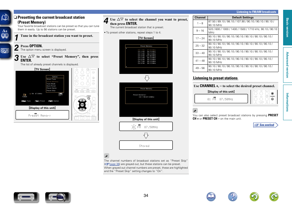 Presetting the current broadcast station, Preset memory), Listening to preset stations | Marantz NR1403U User Manual | Page 37 / 101