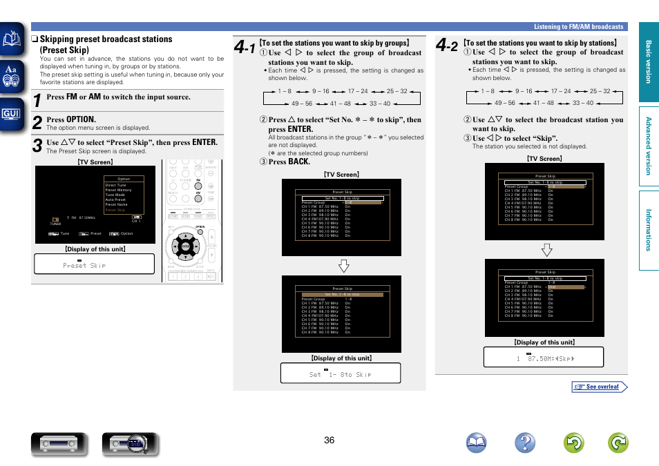 Skipping preset broadcast stations, Preset skip), Option | Enter, Back | Marantz NR1403U User Manual | Page 39 / 101