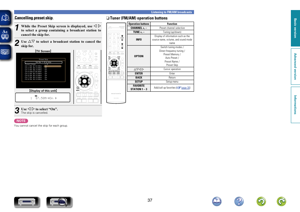 37 cancelling preset skip, N tuner (fm/am) operation buttons | Marantz NR1403U User Manual | Page 40 / 101