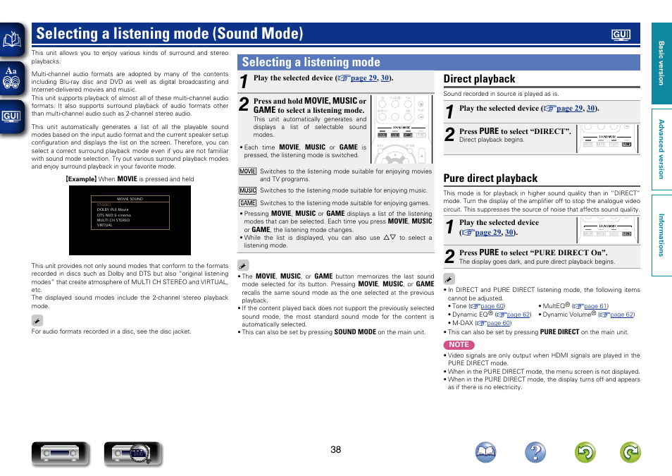 Selecting a listening mode (sound mode), Selecting a listening mode, Direct playback | Pure direct playback | Marantz NR1403U User Manual | Page 41 / 101