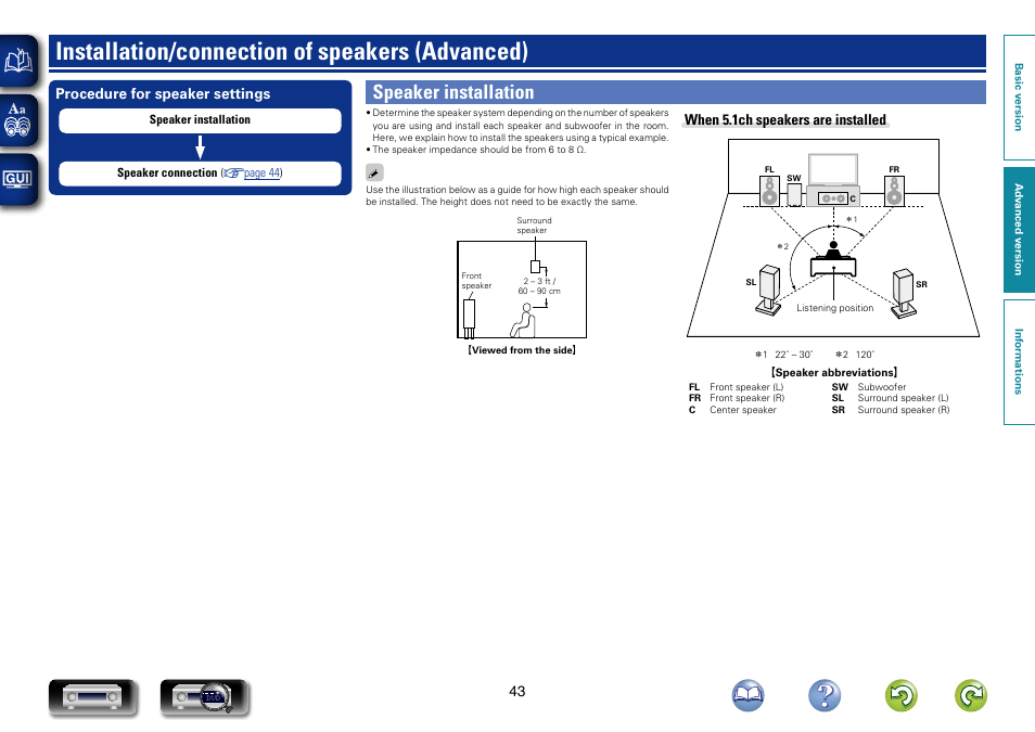 Installation/connection of speakers (advanced), Speaker installation, Connection of speakers (advanced) | 43 procedure for speaker settings, When 5.1ch speakers are installed | Marantz NR1403U User Manual | Page 46 / 101