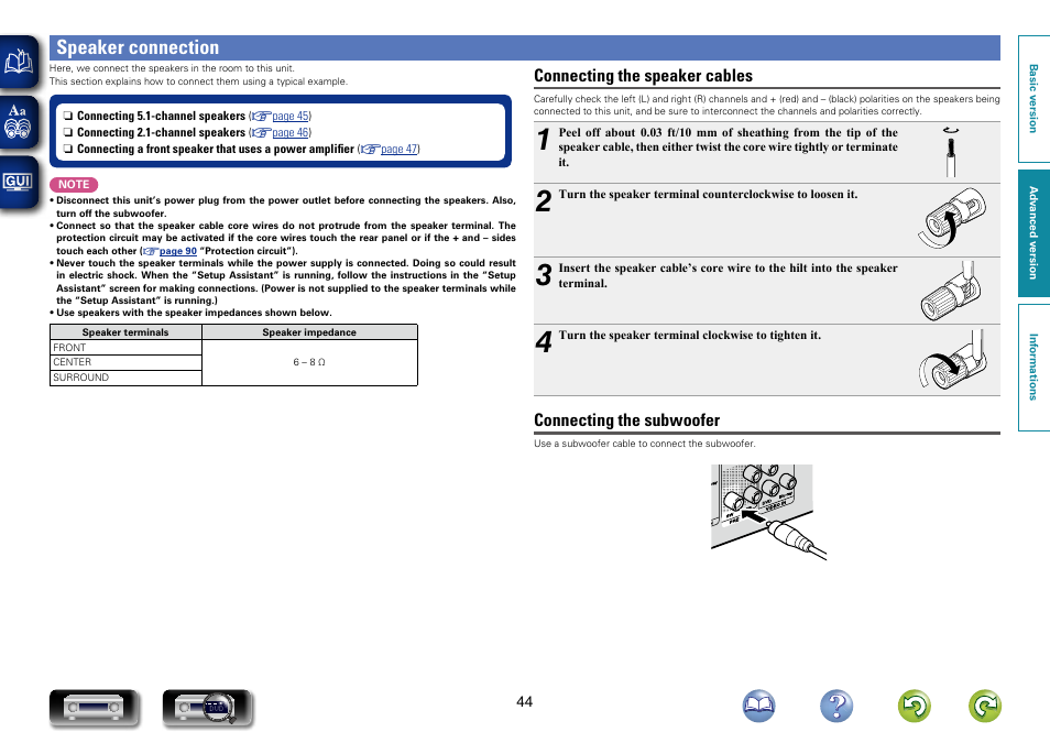 Speaker connection, Connecting the speaker cables, Connecting the subwoofer | Marantz NR1403U User Manual | Page 47 / 101
