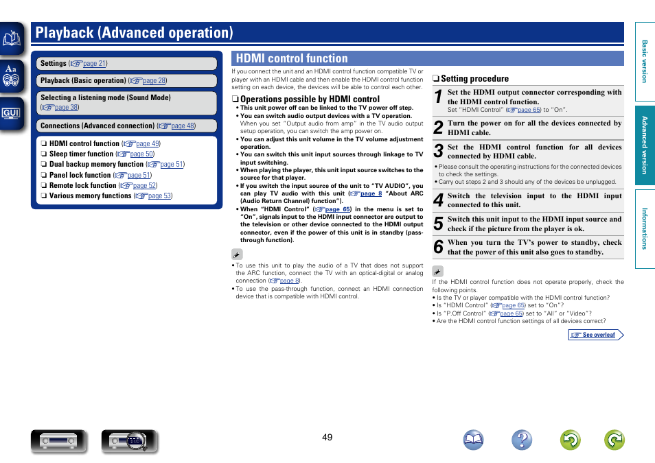 Playback (advanced operation), Hdmi control function | Marantz NR1403U User Manual | Page 52 / 101