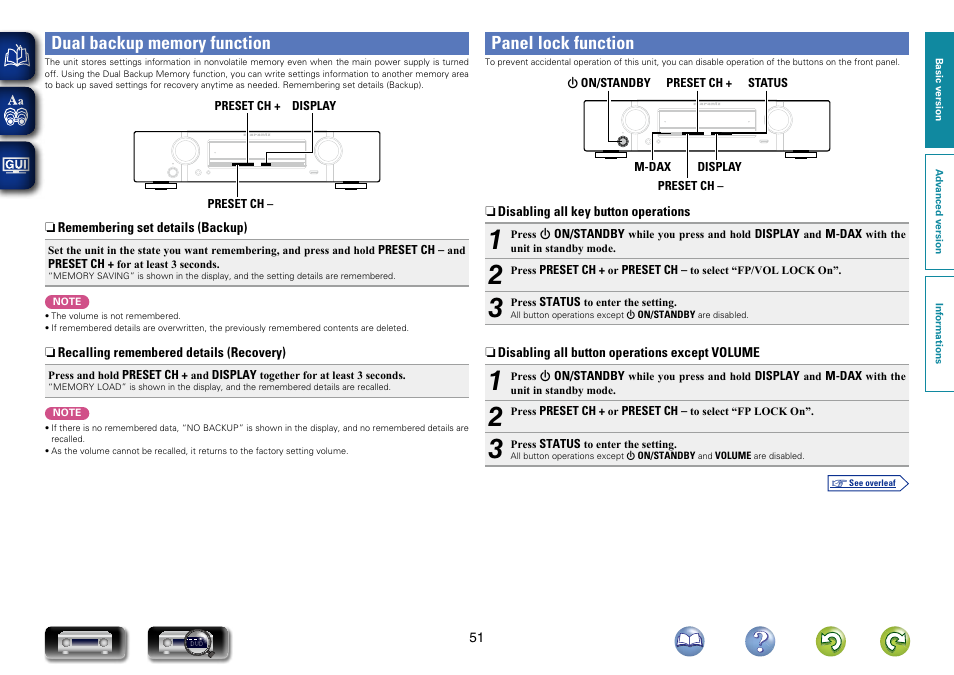 Dual backup memory function, Panel lock function | Marantz NR1403U User Manual | Page 54 / 101