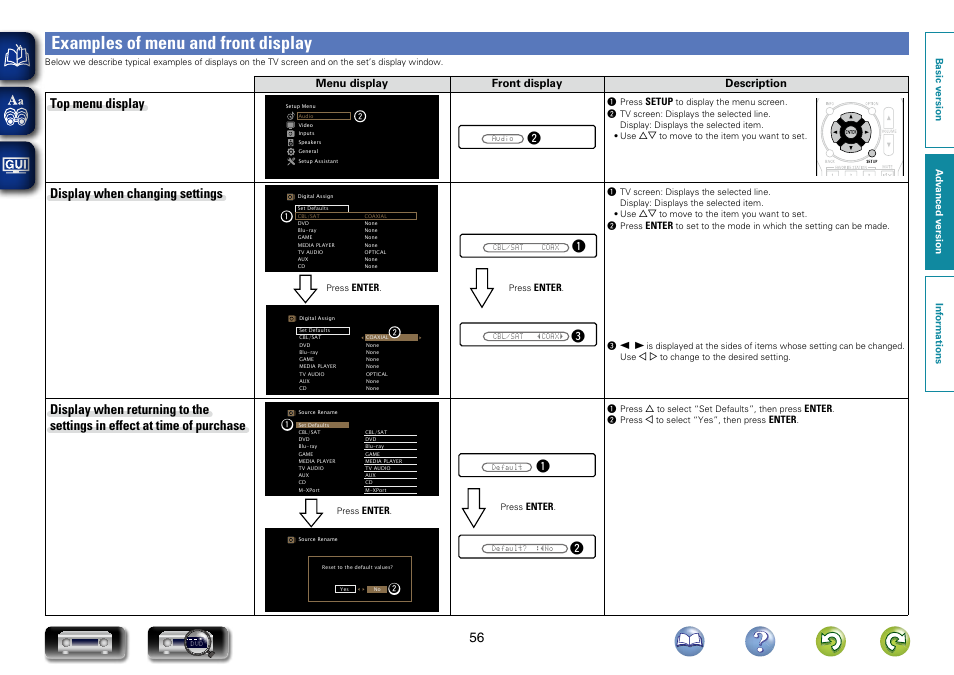 Examples of menu and front display, Top menu display, Display when changing settings | Marantz NR1403U User Manual | Page 59 / 101