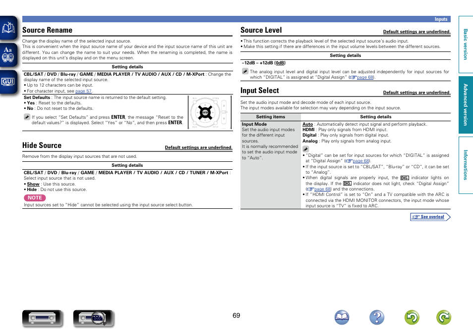 Cannot be selected, Source rename, Hide source | Source level, Input select | Marantz NR1403U User Manual | Page 72 / 101