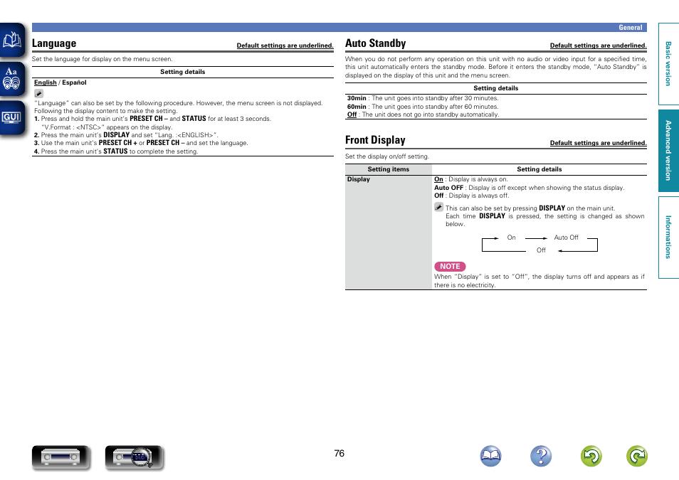 Language, Auto standby, Front display | Marantz NR1403U User Manual | Page 79 / 101