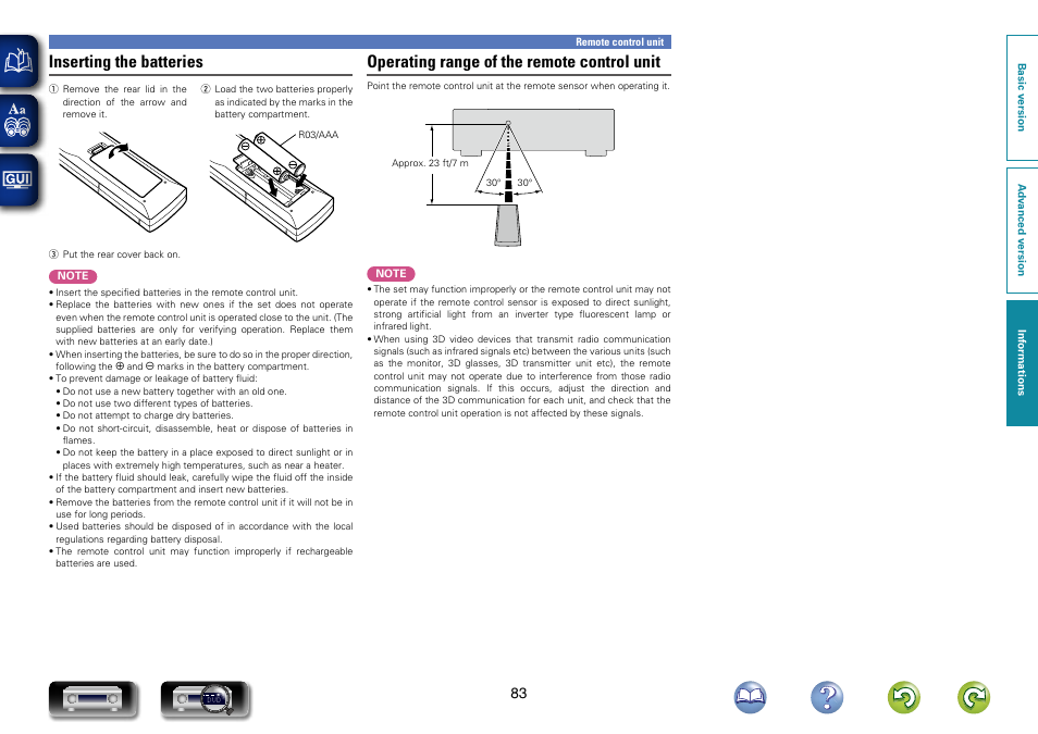 Inserting the batteries, Operating range of the remote control unit | Marantz NR1403U User Manual | Page 86 / 101