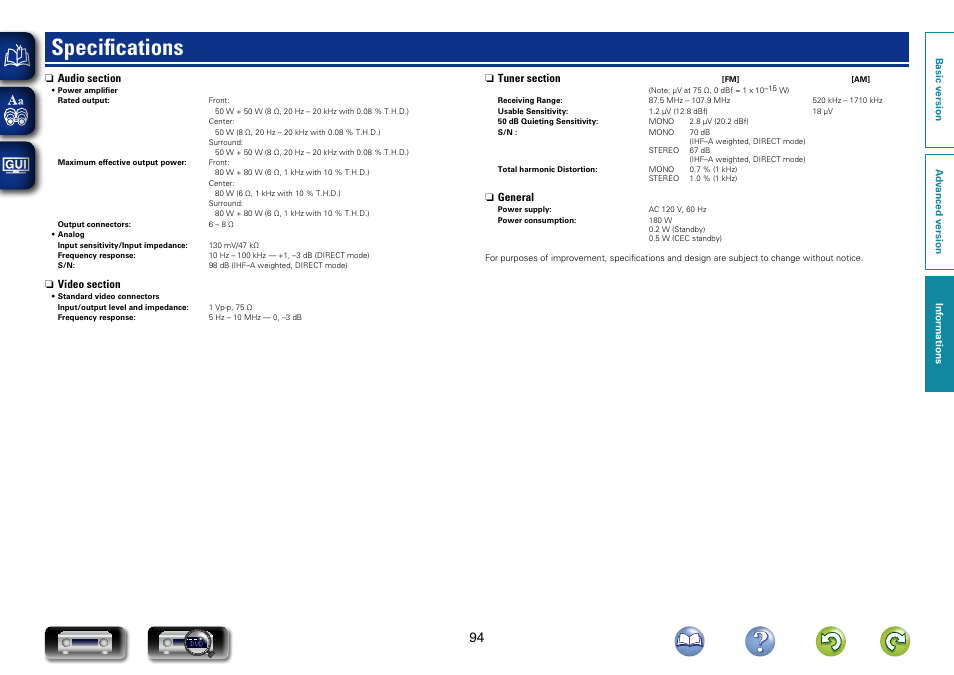 Specifications | Marantz NR1403U User Manual | Page 97 / 101