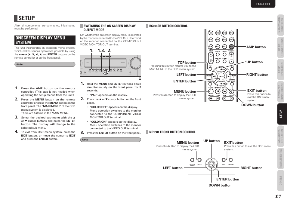 Setup, Onscreen display menu system | Marantz NR1501 User Manual | Page 21 / 50
