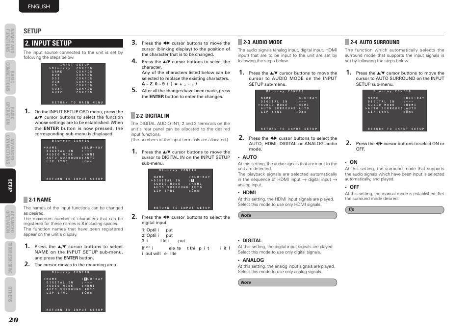 Input setup, Setup | Marantz NR1501 User Manual | Page 24 / 50