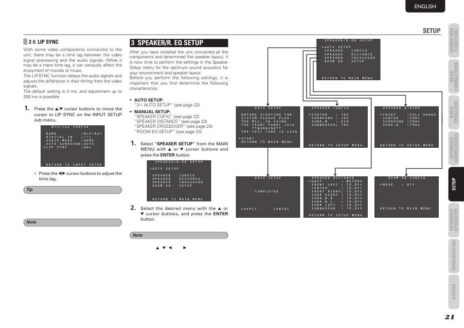 3 speaker/r. eq setup, Setup | Marantz NR1501 User Manual | Page 25 / 50