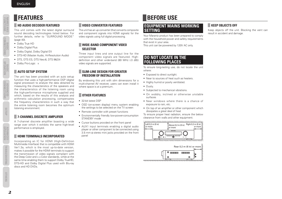 Features, Before use, Equipment mains working setting | Do not locate in the following places | Marantz NR1501 User Manual | Page 6 / 50