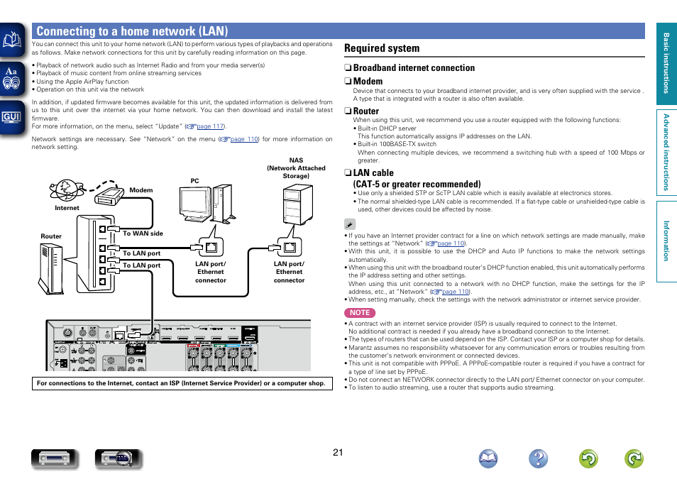 Connecting to a home network (lan), Required system | Marantz NR1504 User Manual | Page 24 / 146