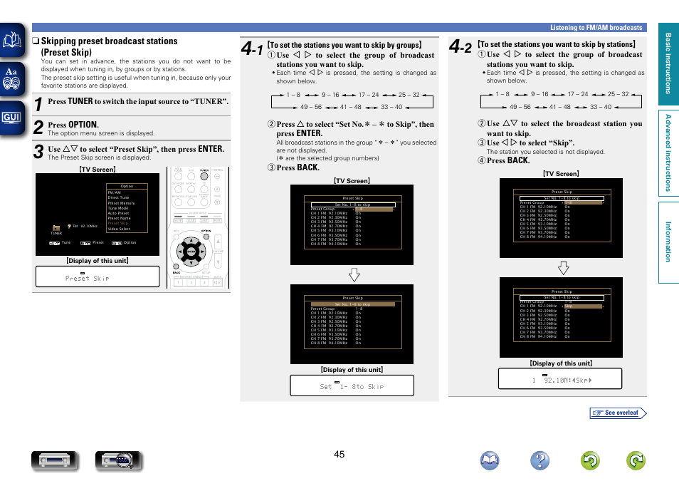 Skipping preset broadcast stations, Preset skip), N skipping preset broadcast stations (preset skip) | Tuner, Option, Enter, Back | Marantz NR1504 User Manual | Page 48 / 146