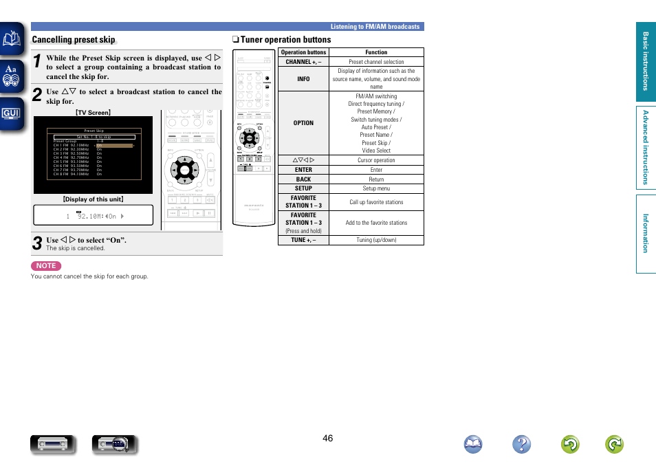 Cancelling preset skip, N tuner operation buttons | Marantz NR1504 User Manual | Page 49 / 146