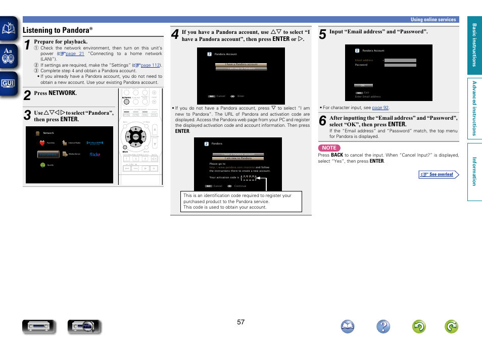 Listening to pandora | Marantz NR1504 User Manual | Page 60 / 146