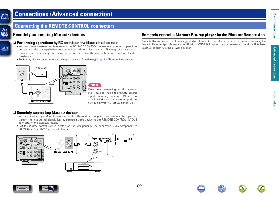 Connections (advanced connection), Connecting the remote control connectors, Remotely connecting marantz devices | Marantz NR1504 User Manual | Page 85 / 146