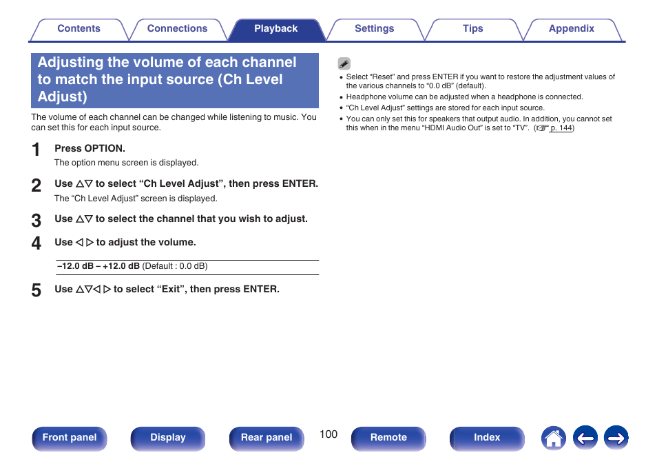 Ch level adjust), Level adjust)” (v p. 100) | Marantz NR1506 User Manual | Page 100 / 249