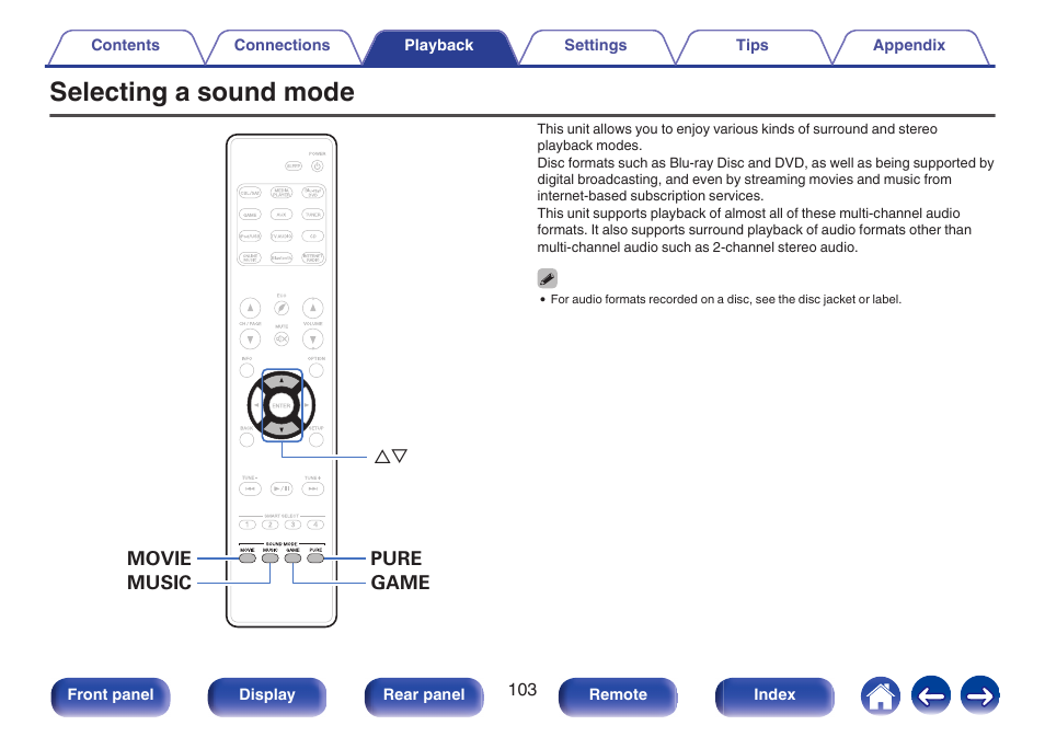 Selecting a sound mode, Switching the sound mode. (v p. 103), V p. 103) | Surround playback ( v p. 103) | Marantz NR1506 User Manual | Page 103 / 249