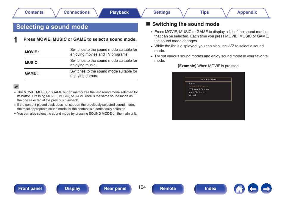 Selecting a sound mode, Oswitching the sound mode | Marantz NR1506 User Manual | Page 104 / 249