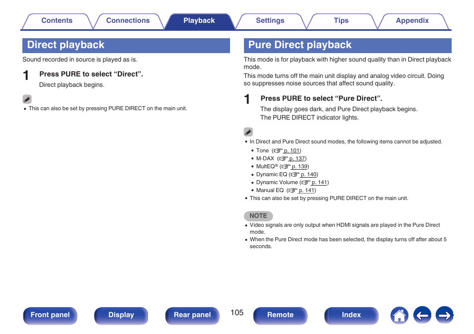 Direct playback, Pure direct playback, V p. 105) | Direct playback” (v p. 105), Pure direct playback” (v p. 105) | Marantz NR1506 User Manual | Page 105 / 249
