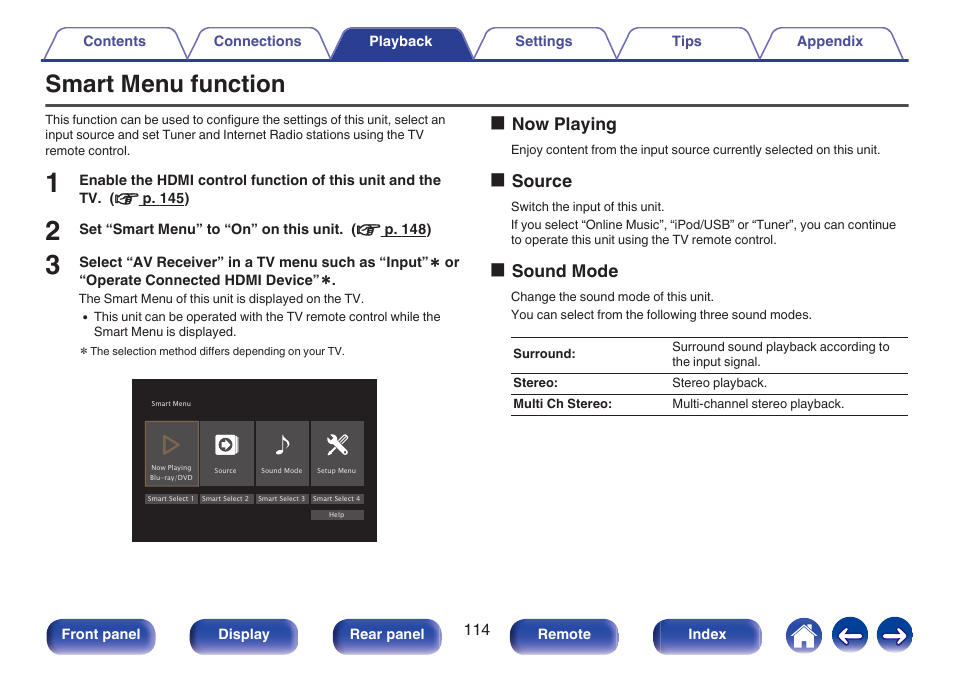 Smart menu function, Onow playing, Osource | Osound mode | Marantz NR1506 User Manual | Page 114 / 249