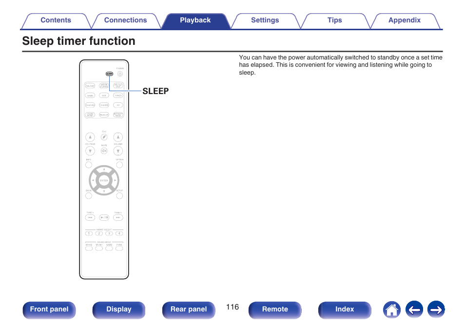 Sleep timer function, V p. 116), This sets the sleep timer. (v p. 116) | Marantz NR1506 User Manual | Page 116 / 249