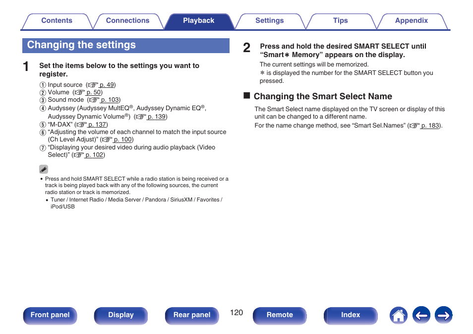 Changing the settings, Ochanging the smart select name | Marantz NR1506 User Manual | Page 120 / 249