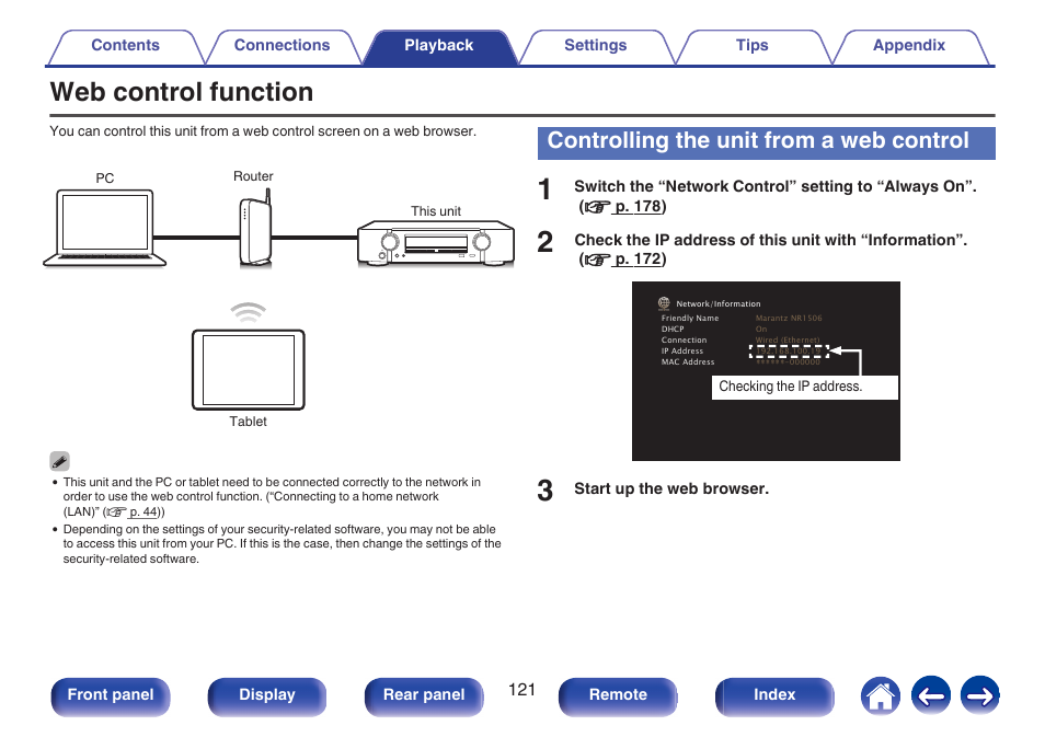 Web control function, Controlling the unit from a web control | Marantz NR1506 User Manual | Page 121 / 249