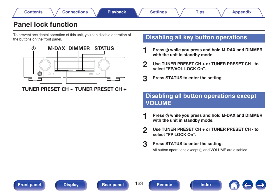 Panel lock function, Disabling all key button operations, Disabling all button operations except volume | Marantz NR1506 User Manual | Page 123 / 249