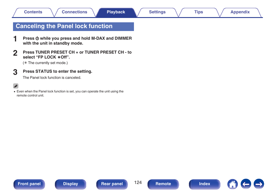 Canceling the panel lock function | Marantz NR1506 User Manual | Page 124 / 249
