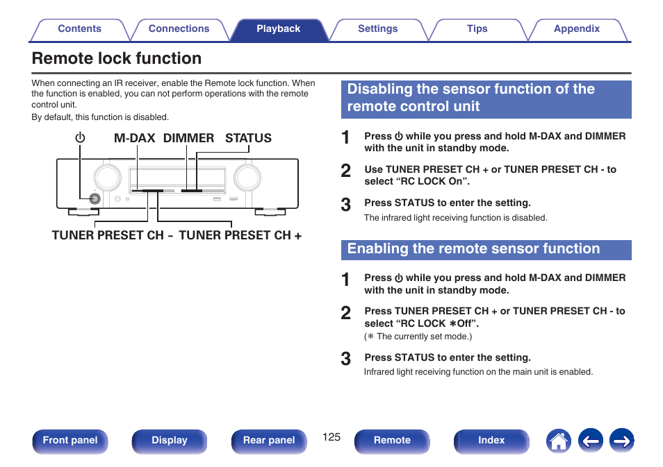 Remote lock function, Enabling the remote sensor function, Remote lock function” (v p. 125)) | Marantz NR1506 User Manual | Page 125 / 249