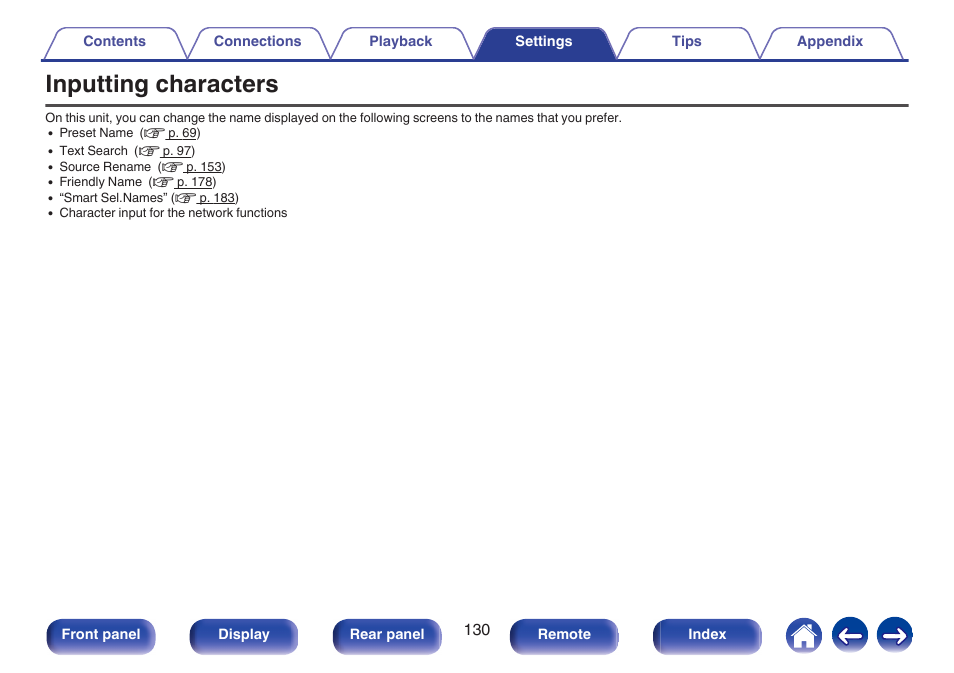 Inputting characters | Marantz NR1506 User Manual | Page 130 / 249